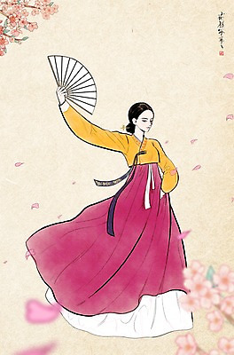 PSD 여자 일러스트 한명 성인 벚꽃 전통의상 한복 먹 한지 한국화 부채춤 미인도 국내일러스트 1 한국전통 전통 꽃 종이 서예 사람 전통공연 동양화 전통무용 파일형식