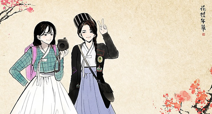 PSD 여자 일러스트 성인 두명 카메라 전통의상 한복 먹 한지 퓨전 브이 한국화 미인도 생활한복 스냅백 국내일러스트 한국전통 전통 종이 서예 사람 손짓 전자제품 동양화 파일형식