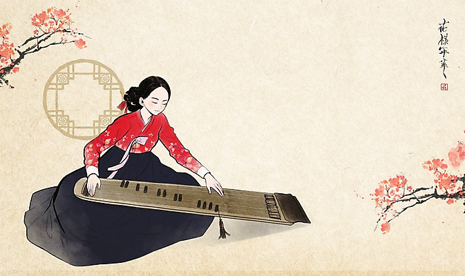 PSD 여자 연주 일러스트 한명 성인 전통의상 한복 먹 한지 한국화 가야금 미인도 국내일러스트 1 한국전통 전통 종이 음악 현악기 서예 국악기 사람 동양화 파일형식