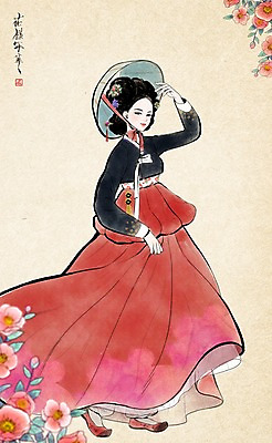 PSD 여자 일러스트 한명 성인 전통의상 한복 먹 한지 한국화 동백 기생 미인도 어우동갓 어우동모자 국내일러스트 직업 모자_잡화 1 한국전통 전통 꽃 종이 서예 사람 동양화 파일형식