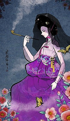 PSD 여자 나비 일러스트 한명 성인 전통의상 한복 먹 한지 한국화 동백 담뱃대 기생 미인도 시스루 어우동갓 어우동모자 국내일러스트 직업 모자_잡화 1 한국전통 전통 꽃 종이 곤충 서예 담배 사람 동양화 파일형식