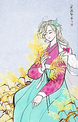 PSD 여자 일러스트 갈대 한명 성인 눈감음 머리띠 전통의상 한복 먹 한지 퓨전 한국화 미인도 생활한복 국내일러스트 식물 1 한국전통 전통 종이 장신구 모션 서예 사람 동양화 파일형식