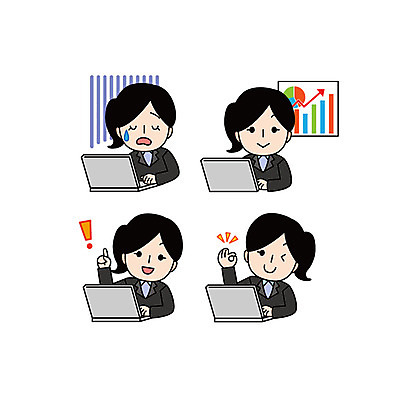 캐릭터 여자 일러스트 비즈니스 그래프 정장 여러명 상반신 성인 노트북 비즈니스우먼 느낌표 OK 눈물 일러캐릭터 AI파일 기호 옷 감정 다수 사람 손짓 전자제품 직장인 파일형식 벡터