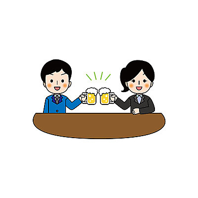 캐릭터 여자 남자 일러스트 비즈니스 성인 두명 비즈니스맨 비즈니스우먼 건배 맥주잔 회식 일러캐릭터 AI파일 술잔 사람 식사 직장인 파일형식 벡터