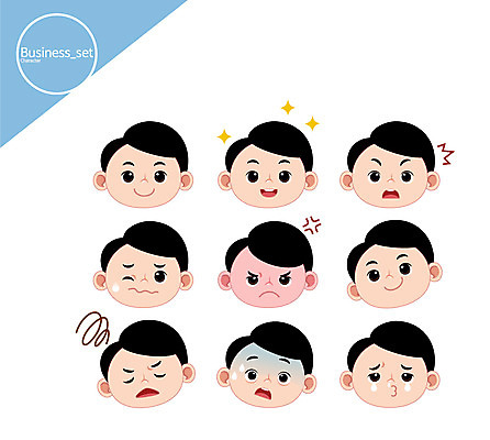 캐릭터 남자 얼굴 일러스트 비즈니스 표정 웃음 여러명 성인 놀람 분노 눈물 곤란 일러캐릭터 AI파일 감정 다수 사람 신체부위 파일형식 벡터