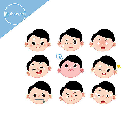캐릭터 남자 얼굴 일러스트 비즈니스 표정 윙크 여러명 성인 분노 눈물 당황 곤란 일러캐릭터 AI파일 감정 다수 사람 신체부위 파일형식 벡터