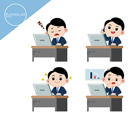 캐릭터 남자 일러스트 비즈니스 그래프 여러명 상반신 성인 노트북 스마트폰 놀람 비즈니스맨 졸음 책상 통화 일러캐릭터 AI파일 감정 가구 다수 모션 표정 사람 전자제품 핸드폰 스마트기기 직장인 파일형식 벡터
