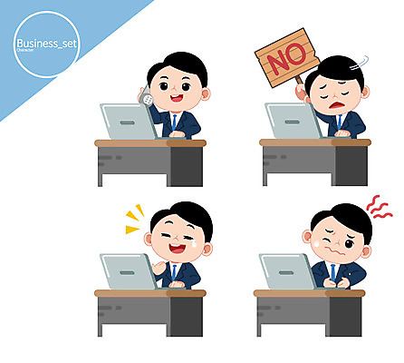 캐릭터 남자 일러스트 비즈니스 웃음 여러명 상반신 성인 노트북 전화기 책상 통화 반대 복통 일러캐릭터 AI파일 가구 다수 모션 표정 사람 전자제품 질병 파일형식 벡터