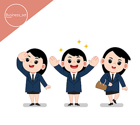 캐릭터 여자 가방 일러스트 비즈니스 정장 성인 세명 손들기 비즈니스우먼 일러캐릭터 AI파일 잡화 옷 모션 사람 직장인 파일형식 벡터