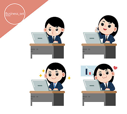 캐릭터 여자 일러스트 비즈니스 그래프 여러명 상반신 성인 노트북 비즈니스우먼 눈물 책상 통화 열중 하트모형 일러캐릭터 AI파일 감정 가구 다수 모션 사람 전자제품 모형 직장인 파일형식 벡터