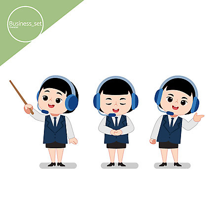 캐릭터 여자 일러스트 비즈니스 성인 세명 헤드셋 인사 비즈니스우먼 발표 상담원 텔레마케팅 일러캐릭터 AI파일 음향기기 사람 헤드폰 예절 직장인 사무원 서비스업 파일형식 벡터