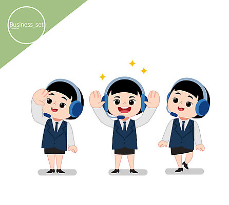 캐릭터 여자 일러스트 비즈니스 성인 세명 손들기 헤드셋 비즈니스우먼 상담원 텔레마케팅 일러캐릭터 AI파일 음향기기 모션 사람 헤드폰 직장인 사무원 서비스업 파일형식 벡터
