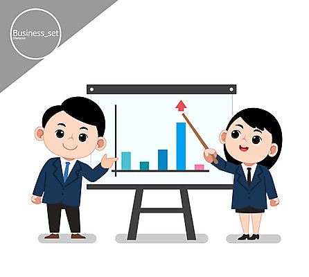 캐릭터 여자 남자 일러스트 비즈니스 회의 그래프 정장 성인 두명 비즈니스맨 비즈니스우먼 발표 일러캐릭터 AI파일 옷 사람 직장인 파일형식 벡터