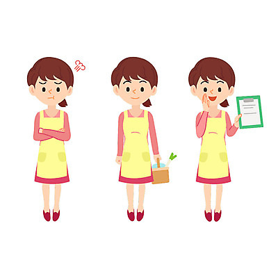 전신 캐릭터 여자 일러스트 엄마 성인 세명 팔짱 앞치마 분노 장바구니 주부 일러캐릭터 AI파일 감정 가족 모션 사람 쇼핑 바구니 파일형식 벡터