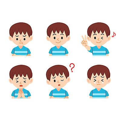 캐릭터 남자 어린이 일러스트 표정 웃음 여러명 상반신 물음표 눈물 호기심 브이 곤란 일러캐릭터 AI파일 기호 감정 다수 컨셉 사람 손짓 파일형식 벡터