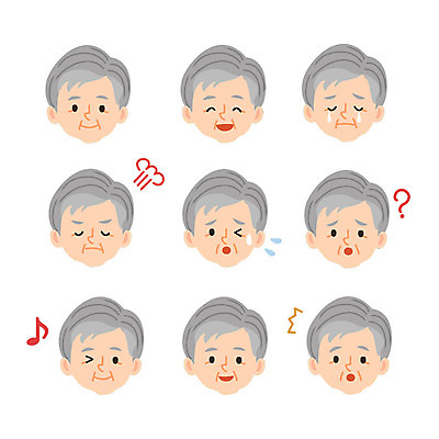 캐릭터 할아버지 노년 남자 얼굴 일러스트 가족 표정 윙크 웃음 여러명 놀람 분노 물음표 눈물 호기심 일러캐릭터 AI파일 기호 감정 다수 컨셉 관계 사람 성인 신체부위 파일형식 벡터