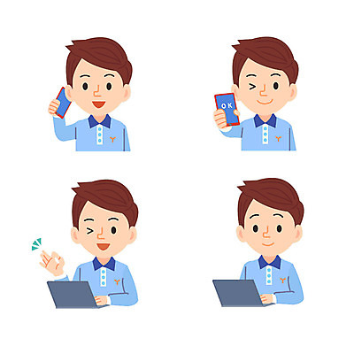 캐릭터 남자 일러스트 여러명 성인 노트북 스마트폰 OK 일러캐릭터 AI파일 다수 사람 손짓 전자제품 핸드폰 스마트기기 파일형식 벡터