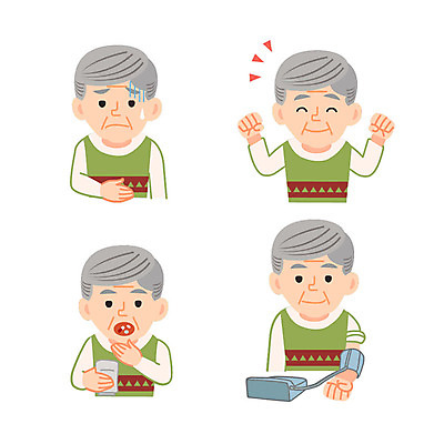 캐릭터 할아버지 노년 남자 일러스트 여러명 성인 알약 파이팅 고통 먹기 혈압계 혈압측정 일러캐릭터 AI파일 감정 다수 의학 의료기기 모션 사람 약 측정 혈압 파일형식 벡터