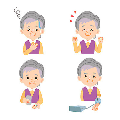 캐릭터 여자 노년 할머니 일러스트 여러명 성인 알약 파이팅 고통 혈압계 혈압측정 일러캐릭터 AI파일 감정 다수 의학 의료기기 모션 사람 약 측정 혈압 파일형식 벡터