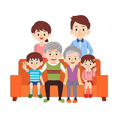 캐릭터 여자 할아버지 노년 남자 할머니 어린이 일러스트 가족 엄마 대가족 여러명 성인 소파 자녀 아빠 브이 일러캐릭터 AI파일 다수 의자 관계 사람 손짓 파일형식 벡터