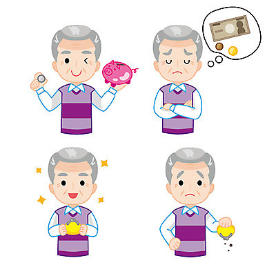 캐릭터 할아버지 노년 남자 지폐 일러스트 여러명 경제 팔짱 동전 저축 고민 동전지갑 금융의날 일러캐릭터 AI파일 감정 다수 돈 모션 사람 성인 금융 지갑 파일형식 벡터 법정기념일