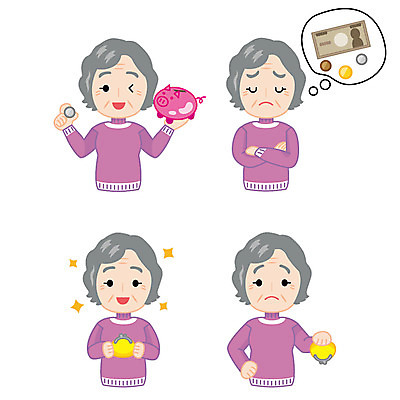 캐릭터 여자 노년 할머니 지폐 일러스트 여러명 경제 팔짱 동전 저축 고민 동전지갑 금융의날 일러캐릭터 AI파일 감정 다수 돈 모션 사람 성인 금융 지갑 파일형식 벡터 법정기념일