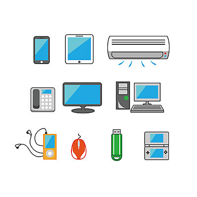 일러스트 사람없음 스마트폰 컴퓨터 세트 태블릿 모니터 마우스 MP3 게임기 USB 에어컨 전화기 오브젝트 국내일러스트 AI파일 전자제품 핸드폰 스마트기기 컴퓨터용품 가전제품 파일형식 벡터