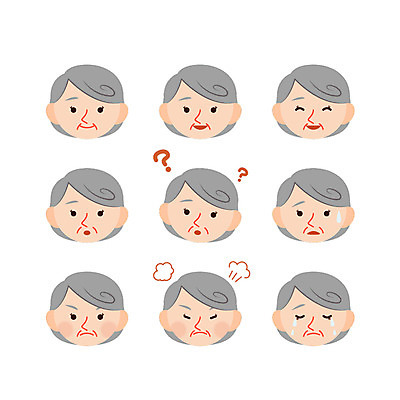 캐릭터 여자 노년 할머니 얼굴 일러스트 가족 표정 웃음 여러명 분노 물음표 눈물 고민 일러캐릭터 AI파일 기호 감정 다수 관계 사람 성인 신체부위 파일형식 벡터