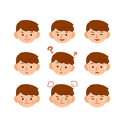 캐릭터 남자 얼굴 어린이 일러스트 표정 웃음 여러명 분노 물음표 눈물 고민 일러캐릭터 AI파일 기호 감정 다수 사람 신체부위 파일형식 벡터