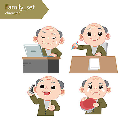 캐릭터 할아버지 노년 남자 일러스트 여러명 상반신 노트북 스마트폰 연필 눈물 통화 동전지갑 일러캐릭터 AI파일 감정 다수 모션 학용품 사람 성인 전자제품 핸드폰 스마트기기 필기구 지갑 파일형식 벡터