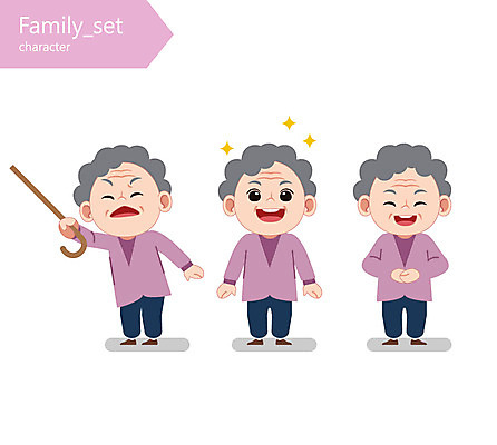 전신 캐릭터 여자 노년 할머니 일러스트 지팡이 웃음 세명 인사 일러캐릭터 AI파일 표정 사람 성인 예절 파일형식 벡터