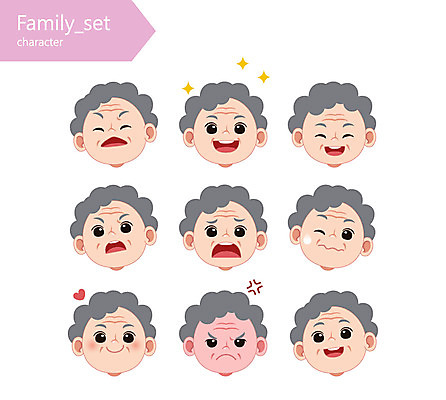 캐릭터 여자 노년 할머니 얼굴 일러스트 가족 표정 웃음 여러명 분노 당황 일러캐릭터 AI파일 감정 다수 관계 사람 성인 신체부위 파일형식 벡터