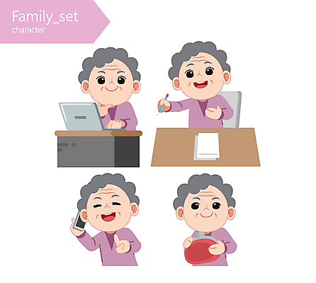 캐릭터 여자 노년 할머니 일러스트 여러명 상반신 노트북 스마트폰 연필 통화 동전지갑 일러캐릭터 AI파일 다수 모션 학용품 사람 성인 전자제품 핸드폰 스마트기기 필기구 지갑 파일형식 벡터