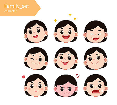캐릭터 여자 얼굴 일러스트 가족 엄마 표정 여러명 성인 분노 당황 곤란 웃는입 하트모형 일러캐릭터 AI파일 감정 다수 관계 미소 사람 신체부위 모형 입 파일형식 벡터
