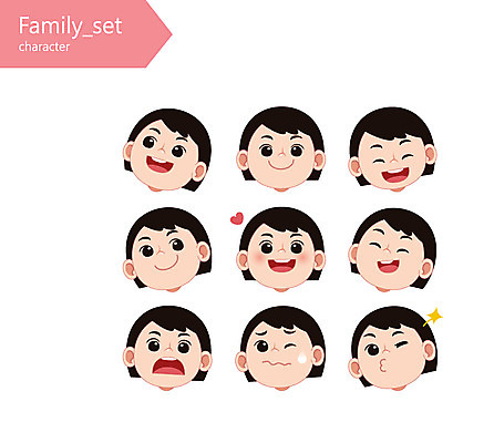 캐릭터 학생 여자 얼굴 일러스트 가족 청소년 표정 윙크 웃음 여러명 당황 하트모형 일러캐릭터 AI파일 감정 다수 관계 사람 신체부위 모형 파일형식 벡터