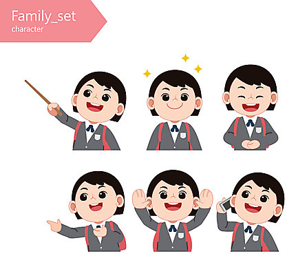 캐릭터 학생 여자 교복 일러스트 청소년 여러명 스마트폰 손들기 인사 막대기 통화 일러캐릭터 AI파일 옷 다수 모션 사람 핸드폰 스마트기기 예절 파일형식 벡터