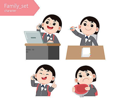 캐릭터 학생 여자 교복 일러스트 청소년 여러명 노트북 스마트폰 눈물 책상 통화 동전지갑 일러캐릭터 AI파일 옷 감정 가구 다수 모션 사람 전자제품 핸드폰 스마트기기 지갑 파일형식 벡터