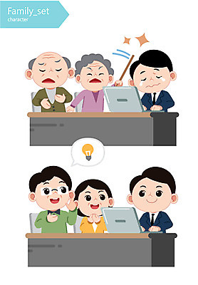 캐릭터 여자 노년 남자 일러스트 가족 여러명 성인 노트북 꾸지람 책상 전구모양 일러캐릭터 AI파일 모양 가구 다수 전구 관계 사람 전자제품 체벌 파일형식 벡터