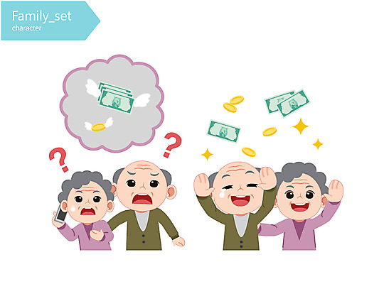 캐릭터 여자 할아버지 노년 남자 할머니 지폐 날개 일러스트 가족 여러명 성인 노부부 동전 물음표 눈물 보이스피싱 일러캐릭터 AI파일 기호 부부 감정 다수 돈 관계 사람 피싱 파일형식 벡터