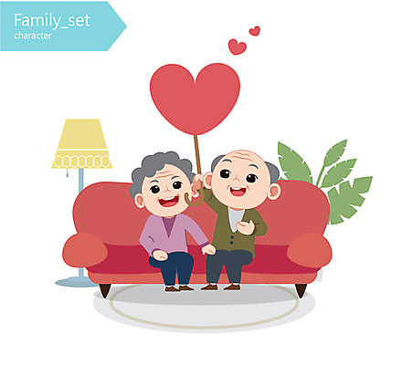캐릭터 여자 할아버지 노년 남자 할머니 일러스트 가족 성인 두명 소파 노부부 하트모형 일러캐릭터 AI파일 부부 의자 관계 사람 모형 파일형식 벡터