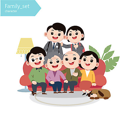 캐릭터 학생 여자 할아버지 노년 남자 교복 할머니 일러스트 가족 청소년 엄마 대가족 여러명 성인 소파 자녀 스탠드 아빠 강아지 일러캐릭터 AI파일 옷 다수 의자 관계 조명 사람 반려동물 개 파일형식 벡터