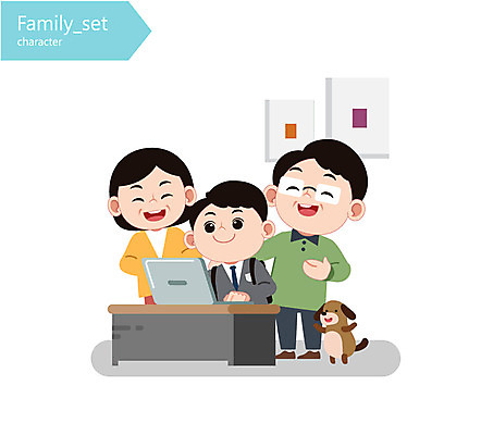 캐릭터 학생 여자 남자 교복 일러스트 가족 청소년 성인 세명 노트북 강아지 책상 일러캐릭터 AI파일 옷 가구 관계 사람 전자제품 반려동물 개 파일형식 벡터