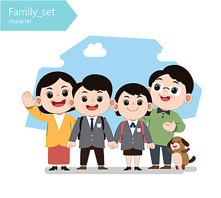 캐릭터 학생 여자 남자 교복 일러스트 가족 청소년 여러명 성인 강아지 일러캐릭터 AI파일 옷 다수 관계 사람 반려동물 개 파일형식 벡터