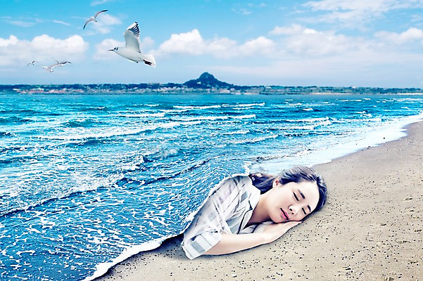 JPG 편집이미지 여자 바다 갈매기 한명 20대 성인 해변 그래픽 모래사장 뷰티 한국인 잠 디지털합성 합성 디지털아트 편집실사 1 조류 사람 동양인 청년 CG 파일형식