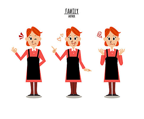 전신 캐릭터 여자 일러스트 엄마 윙크 성인 세명 앞치마 하트 OK 일러캐릭터 AI파일 모양 가족 표정 사람 손짓 파일형식 벡터