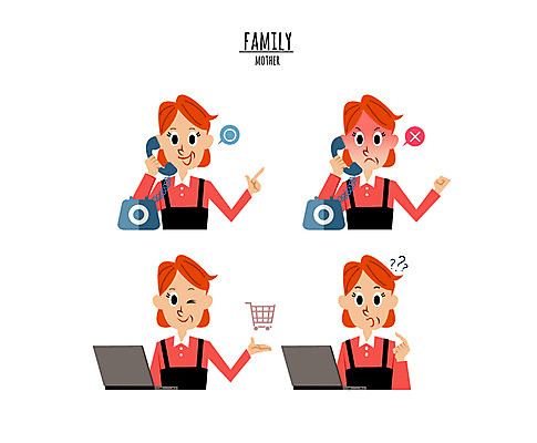 캐릭터 여자 일러스트 엄마 여러명 상반신 성인 노트북 카트 물음표 전화기 반대 찬성 당황 일러캐릭터 AI파일 기호 감정 다수 가족 사람 전자제품 파일형식 벡터