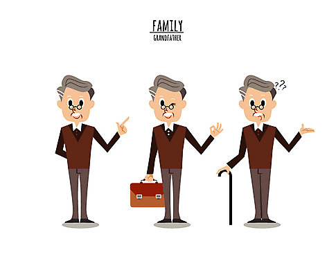 전신 캐릭터 할아버지 노년 남자 서류가방 일러스트 지팡이 윙크 세명 물음표 OK 당황 일러캐릭터 AI파일 기호 감정 가방 표정 사람 손짓 성인 파일형식 벡터