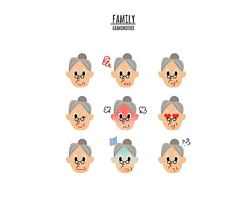 캐릭터 여자 노년 할머니 얼굴 일러스트 가족 표정 사랑 윙크 웃음 여러명 분노 물음표 당황 일러캐릭터 AI파일 기호 감정 다수 관계 사람 성인 신체부위 파일형식 벡터
