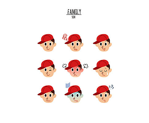 캐릭터 모자 남자 아들 얼굴 어린이 일러스트 표정 윙크 웃음 여러명 분노 눈물 곤란 일러캐릭터 AI파일 잡화 감정 다수 가족 사람 신체부위 파일형식 벡터