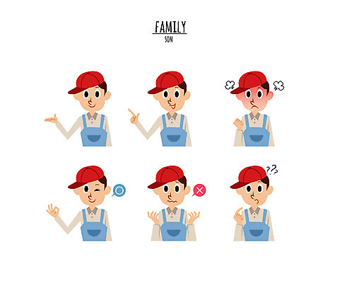 캐릭터 모자 남자 아들 어린이 일러스트 표정 여러명 분노 OK 멜빵바지 호기심 웃는입 일러캐릭터 AI파일 잡화 감정 다수 컨셉 바지 가족 미소 사람 손짓 입 멜빵 파일형식 벡터